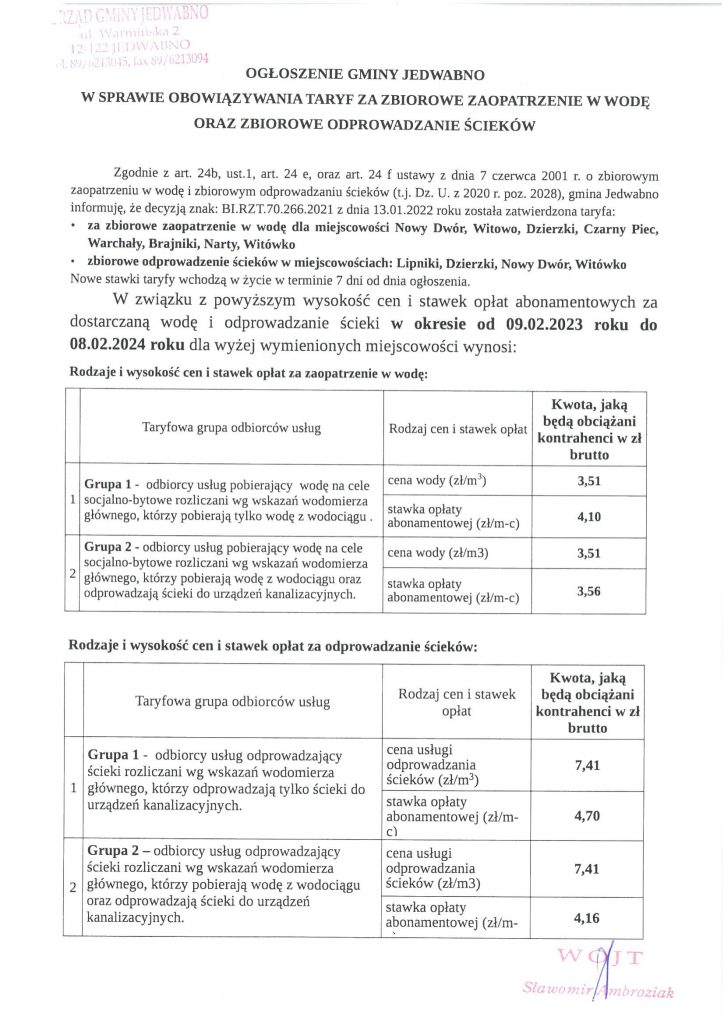 Ogłoszenie w sprawie taryf-1